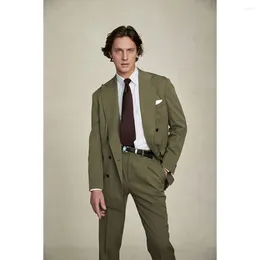 Men's Suits Olive Green Double Breasted Men Suit Two Pieces(Jacket Pants) Lapel Outfits Chic Casual Party Prom Wedding Set