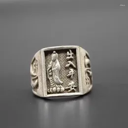Decorative Figurines Collection Old Chinese Tibet Silver Handmade Avalokitesvara Ring Ornament Gift