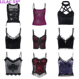 Goth Cross Print Lace Bodycon Crop Tops Camis Sexy Y2K Aesthetic Black Red Basic Corset Tank Top Summer Clothes for Women Girls 240517