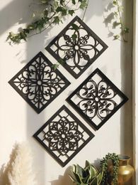 Decorative Objects Figurines 4Pcs Black Wooden Wall Decor Hollow Carve Designs Boho Home Decoration Hexagon Square Hanging Room Decors Aesthetict H240516