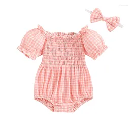 Clothing Sets Baby Girls Summer Casual Romper Short Sleeve Off Shoulder Plaid With Headband