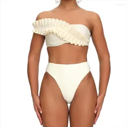 Women's Swimwear Sexy Women 2024 White One Shoulder Ruffle Bikini Set Two-Piece Swimsuit Woman Beachwear Bathing Suit Monokini