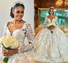 Dresses 2022 Sparkly Sheer Long Sleeves Plus Size Ball Gown Arabic Wedding Dress Elegant Full Lace Appliqued Vintgae Dubai African Bridal