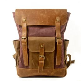 Backpack Retro Outdoor Canvas Splicing Crazy Horse Leather Wax Waterproof Computer Bag Unisex