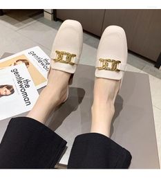 Slippers 2024 Simply Metal Buckle Women Cover Toe Mules Flats Low Heels Shoes Ladies Casual Slip On Slides House Pantuflas Femme