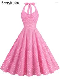 Casual Dresses Robe Sexy Halter Rockabilly Party 50s 60s Women Summer Strapless Pink Polka Dot Femme High Waist Swing Vintage Dress