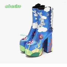 Boots Patchwork Lace Up Platform Round Toe Block Heels Cross Tied Mixed Colour Women's Flower Decor Luxury Elegant Casual