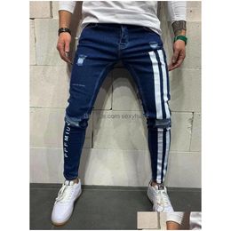 Mens Jeans Fashion Hip Hop Work Trousers Slim Printed Biker Ripped Men Hole Wash Skinny Striped Zipper European Big Size Drop Delive Dhxsy