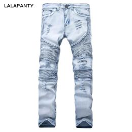 Jeans abbigliamento lalapanty slp blu/nero distrutto da uomo slim jeans motociclista di jeans skinny maschi strappati pantaloni jeans strappati