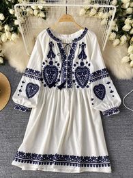 Casual Dresses Ethnic Style Vintage Dress For Women Floral Embroidery O-neck Lace-up Long Sleeve Female Vestidos A-line Summer Dropship