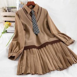 Work Dresses Spring And Autumn College Style Suit Kawaii Female Student Korean Loose All-match Pleated Dress Knitted Vest Two-piece