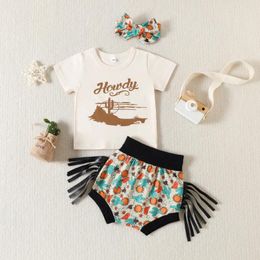 Clothing Sets Baby Girls Shorts Set Short Sleeve Letters Print T-shirt Cactus With Bowknot Hairband