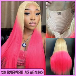 100% Raw Virgin Remy Human Hair Malaysian Peruvian Brazilian 613 Pink Colour Silky Straight 13x4 Transparent Lace Frontal Wig 18 Inch