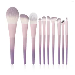 Makeup Brushes 10Pcs Pink Purple Gradient Wooden Handle Brush Powder Foundation Make-up Concealer