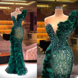 One Shoulder Green Evening Dresses Sequins See Thru Crystal Prom Gowns Ruffles Side Split Formal Party Dress 322B