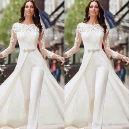 Elegant White Jumpsuits Pants Wedding Dresses Long Sleeve Lace Satin With Overskirts Beads Crystals Bridal Gowns Vestidos De Novia 259e