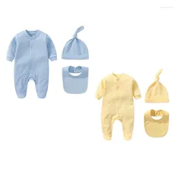 Clothing Sets 0-12 Months Born Baby Clothes Boy Girl Cotton Jumpsuits Solid Color Footed Rompers Hat Bib 3Pcs Toddler Outfits