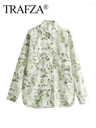 Women's Blouses TRAFZA 2024 Woman Long Sleeve Vintage Women Causal Light Green Print Lapel Single-Breasted Pocket Decorate Shirt Top