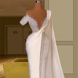 Luxury Pearls Mermaid Wedding Dress With Long Wrap Beads Robe de mariee Custom Made Ruched Satin Beach Boho Bridal Gown 2481