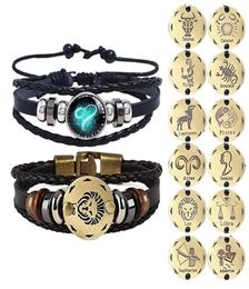 2pcs 12 Constellation Bracelet Zodiac Sign Black Braided Leather Bangle Aries Leo Libra Luminous Dome Jewellery Punk Men Bracelet7765926