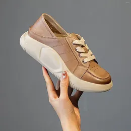 Casual Shoes Women Vulcanized 2024 Thick Sole Round Toe Lace Up Leather Fashion Simple All Match Comfort Ladies Autumn