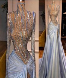 Evening dress women dress Yousef aljasmi Long sleeve High neck Zuhair murad Myriam fares Blue sequines Pleat Satin Mermaid Sheath 4375139