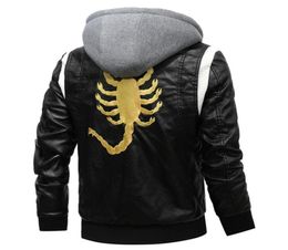 2020 New Autumn Winter Leather Jacket Men Removable Hoodied Scorpion Embroidery Motorcycle Jacket Men Slim Leather Mens Jackets LJ4117439