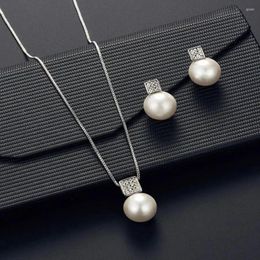 Necklace Earrings Set 2 PCS Imitation Pearl Pendant Women Earring Stud Silver Color Snake Chain Square Metal Full Crystal Jewelry