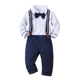 born Baby Boy Clothes Autumn Clothing Set Tie RompersOveralls 2PCS Outfits Infant Gentleman 240510