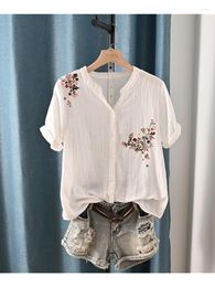 Women's Blouses Retro Flowers Embroidery Single Breasted Cotton Yarn Short Sleeve V-Neck Shirt Blouse Top Summer 2024
