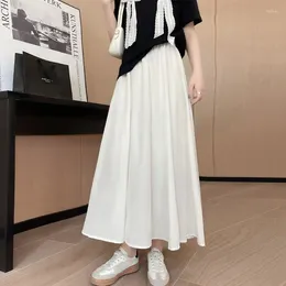 Skirts Summer Women High Waist Solid Colour Elegant Streetwear White Black Chic Elastic Female A-line Pleated Long