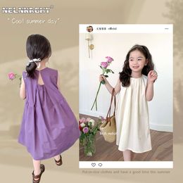 2024 Summer New in Kids Baby Girls Fashion Clothes - Children Sleeveless Solid Color Backless 100% Cotton Dresses , Toddler 2-7Y L2405