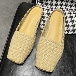 Slippers Concise Outside Luxury Designer Woven Summer Square Peep Toe Women Shoes Low Heels Flat Fashion Chaussures Femme