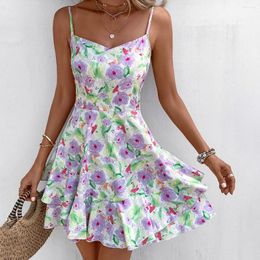 Oil Painting Flower Ruffle Edge Dress With Waistband Boho Swimwear Cover Up Women Beach Outing 2024 Outfits Swimming For Ladies