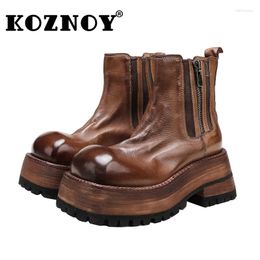 Boots Koznoy 6.5cm Genuine Leather Wedge Autumn Spring Ankle Booties Big Toe Women ZIP Platform Fashion Ethnic Moccasins Shoes