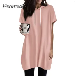 Women's T Shirts Camisetas Long Tees With Hood Casual Short Sleeve Tee Shirt Flowy Fashion Solid Color Tunic Tops Pockets Summer