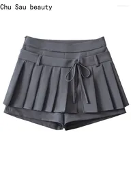 Skirts Chu Sau Beauty 2024 Women Fashion Sweet Pleated Mini Skirt Preppy Style Mid Waist Side Zipper Short Chic Bow Y2k Skorts