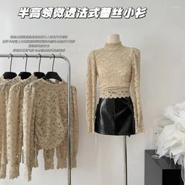 Women's T Shirts Autumn Women Lace Shirt Sexy Turtleneck Long Sleeve Slim French Style Crochet Patchwork Tee Tops