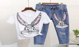 Short Sleeve Tshirt Tops Hole Denim pants Fashion Women Set Diamond Sequins Cartoon 2Pcs Feminine Jeans Suits9421030