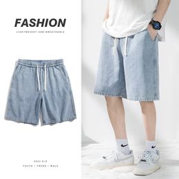 Summer Thin Mens Denim Shorts Baggy Straight Fashion Elastic Waist Light Blue Short Jeans Korean Streetwear Knee Shorts Male 240517