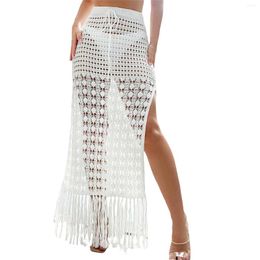 Women's Bikini Knitted Cover Ups Skirts Ladies Sexy Summer Crochet Cutout High Waist Sarong Beach Skirt With Tassel