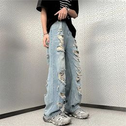 High Street Ripped Jeans Mens Clothing Solid Color Y2K Wide Leg Pants Spring Summer Button Pocket Loose Trousers A048 240511