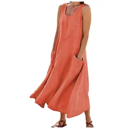 Casual Dresses Cotton Linen Sleeveless Dress For Women Summer Pullover Skirt Vestidos Fashion Female Clothing Short Sleeved Loose Long
