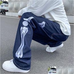 Mens Jeans Straight Jean Pants Man Skeleton Embroidery Mop Trousers Streetwear Denim Clothing For Men Baggy Drop Delivery Apparel Dhx1H