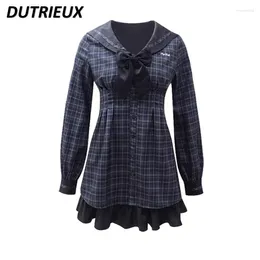 Casual Dresses Women's Sailor Collar Lantern Long Sleeve Plaid Dress Spring And Autumn Sweet ' Single-Breasted Waist