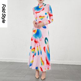 Work Dresses Miyake Folding Long Sleeve High Neck T-shirt Fashion Set Women's Spring And Autumn 2024 Pleated Print Two Piece