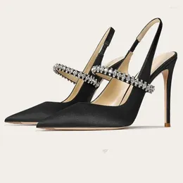 Dress Shoes Fashion Black Satin Pointed Toe Pumps Straps Slingback Banquet Sandals 2024 Summer Rhinestone Mules High-heeled For Women