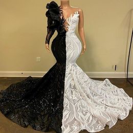 Black And White Mermaid 2021 Prom Dresses Lace Sequined Evening Dress African One Shoulder Long Sleeve Party Vestido 210s
