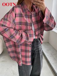 Women's Blouses Streetwear Plaid Long Sleeve Shirts Female 2024 Casual Loose Turn Down Collar Woman Pocket Autumn Button Up Tops