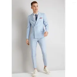 Men's Suits Fresh Sky Blue Slim Double Breasted Men Suit Two Pieces(Jacket Pants) Lapel Outfits Chic Casual Party Prom Wedding Set